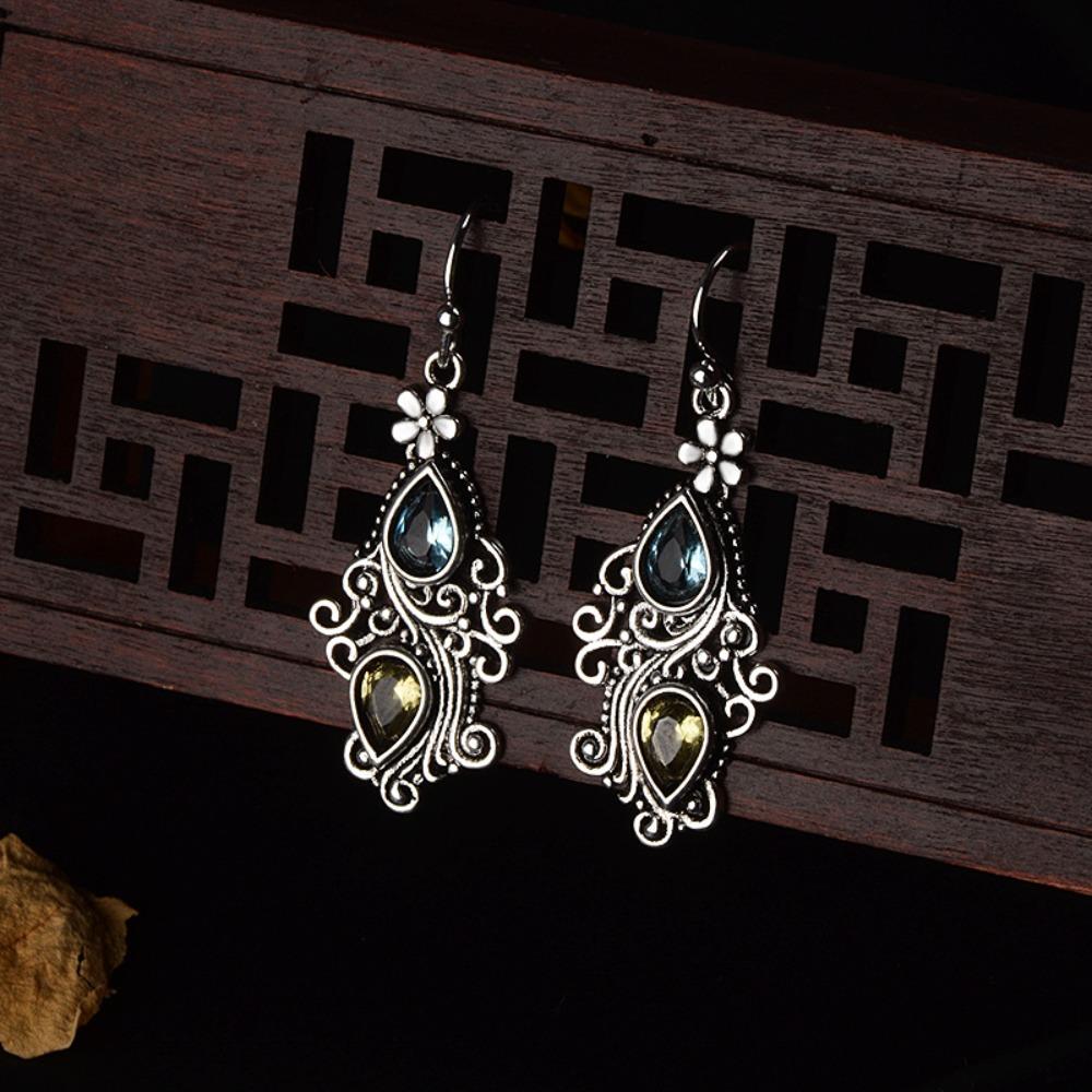 Retro Court Style Sea Blue Topaz Flower Water Droplet Shape Dangle Earrings for Women Luxury Temperament Piercing Jewelry Gifts