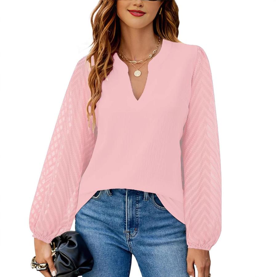 Women's New Solid Color V-Neck Lace Patch Cotton Blend Shirt Top