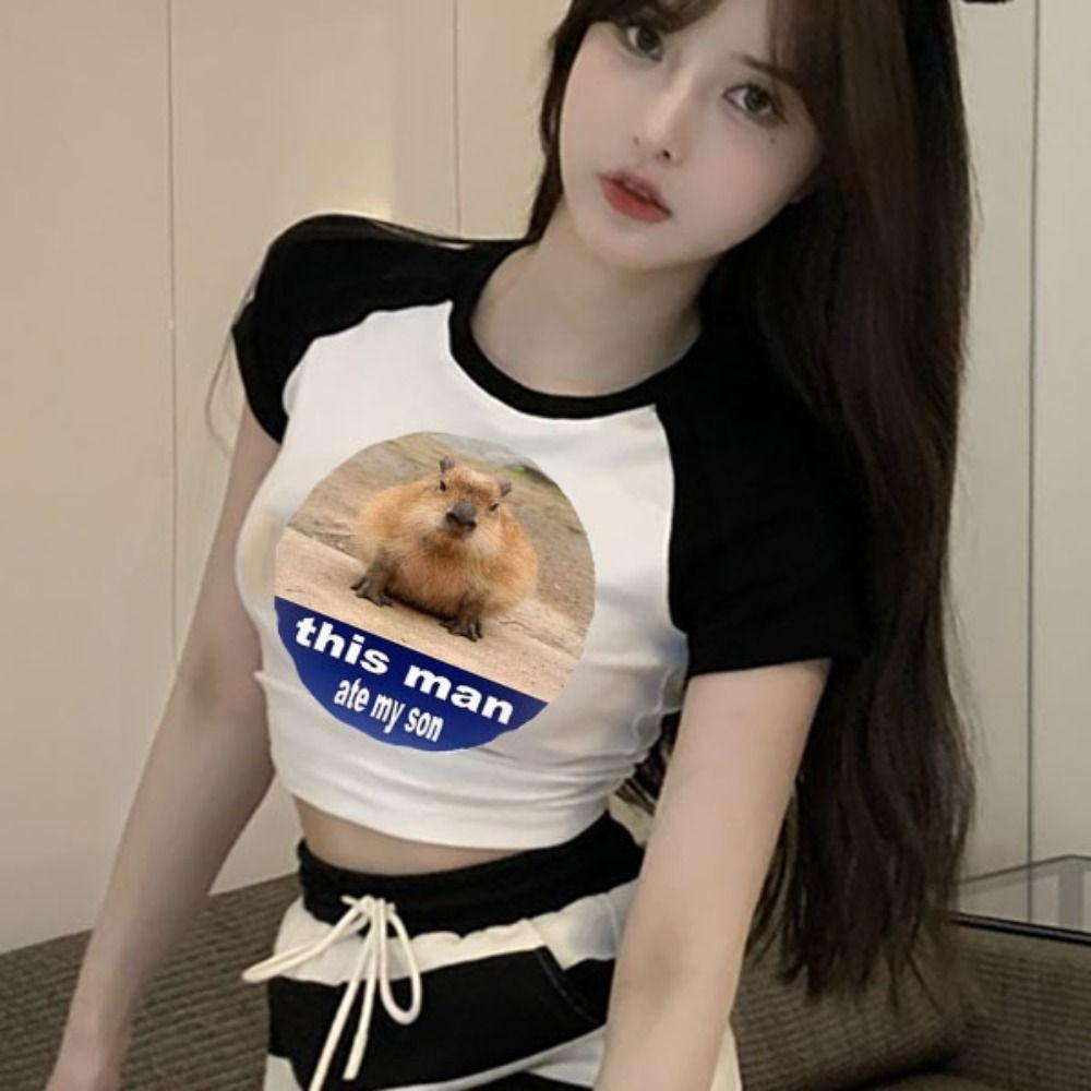 

Круглый вырез с принтом капибары, топ-топ с изображением животных Y2K Capybara, милые дамы XL