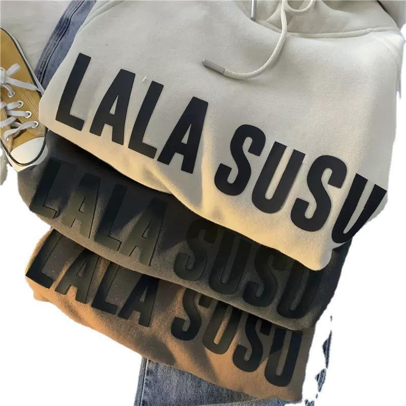 2025 New Casual Hooded Plus Velvet Sweater Solid Color Letter Printing Loose American Style Versatile Retro Coat