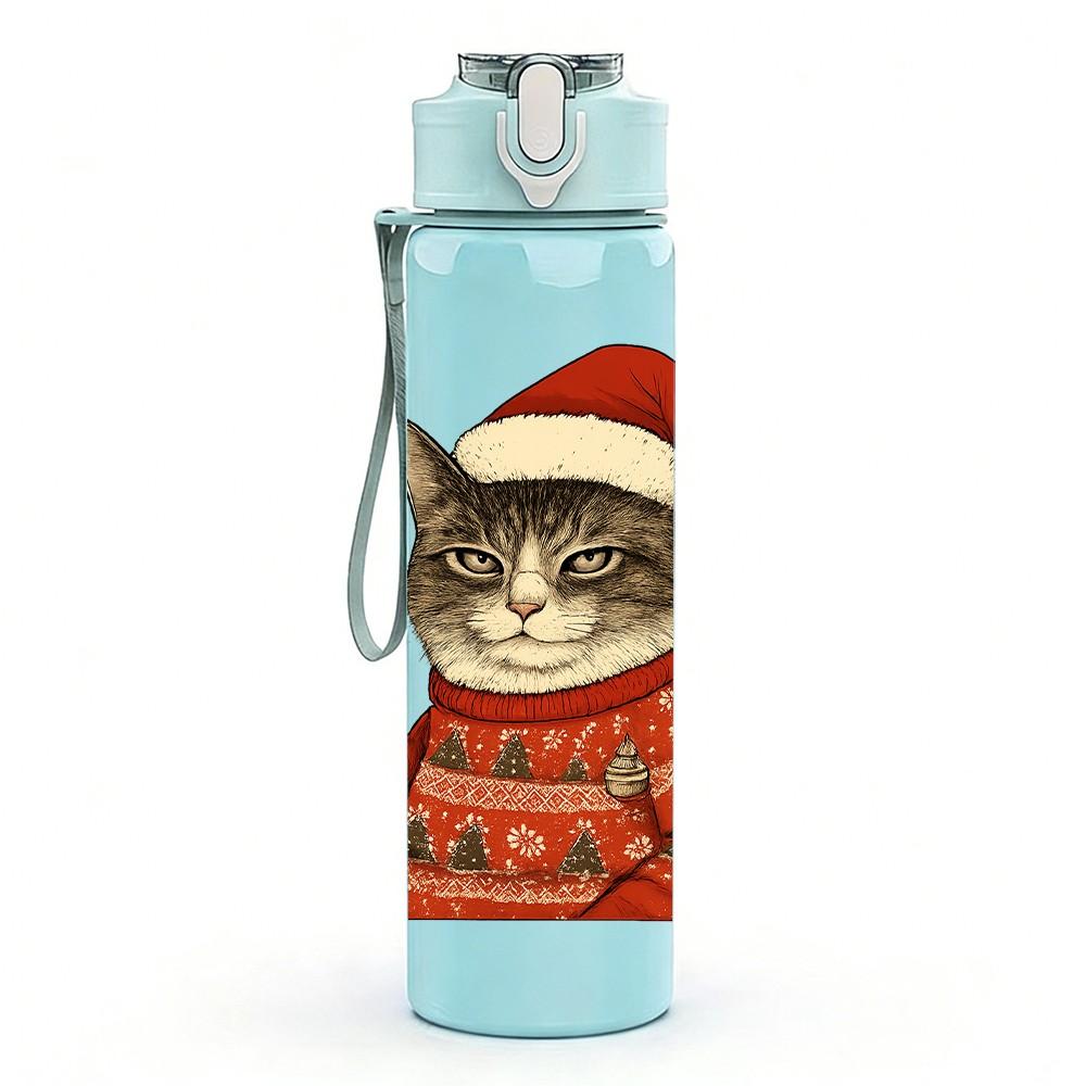 1PC Wine Drinking Santa Cat 750ml Color Plastic Sports Water Bottle Leakproof Flip Straw Lid Suitable for Sports Office Home Use