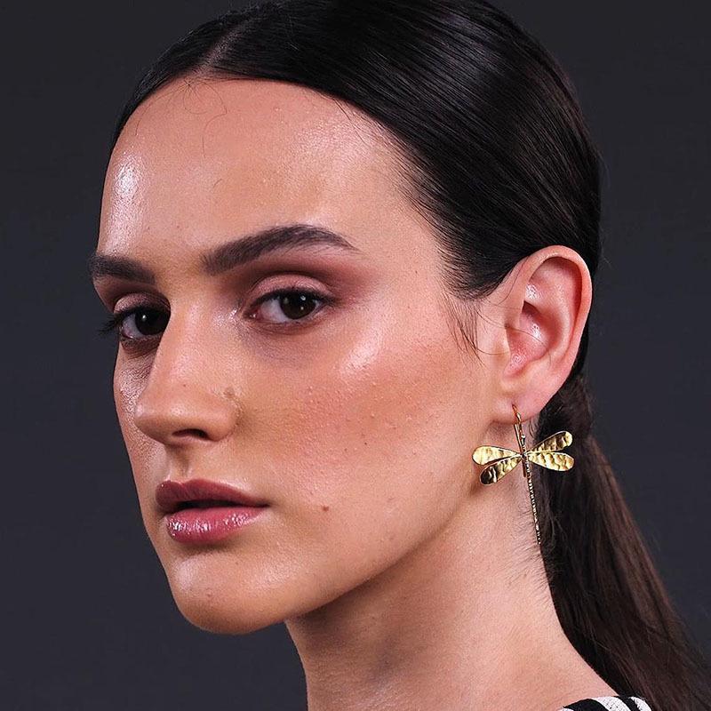 Gold Hammered Metal Dragonfly Dangle Earrings for Women - Minimalist Insect Accessories