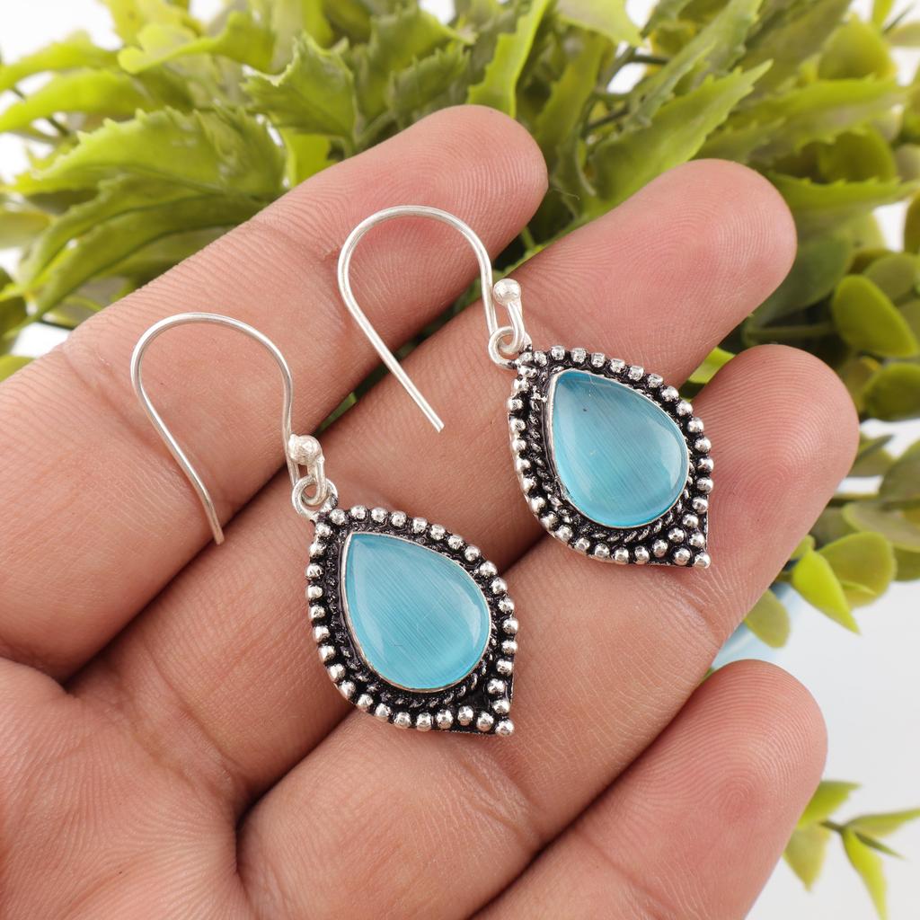 Blue Cat's Eye Gemstone Earrings, 925 Sterling Silver Earrings Jewelry, Handmade Jewelry Earrings, Balancing Jewelry Gift For Women