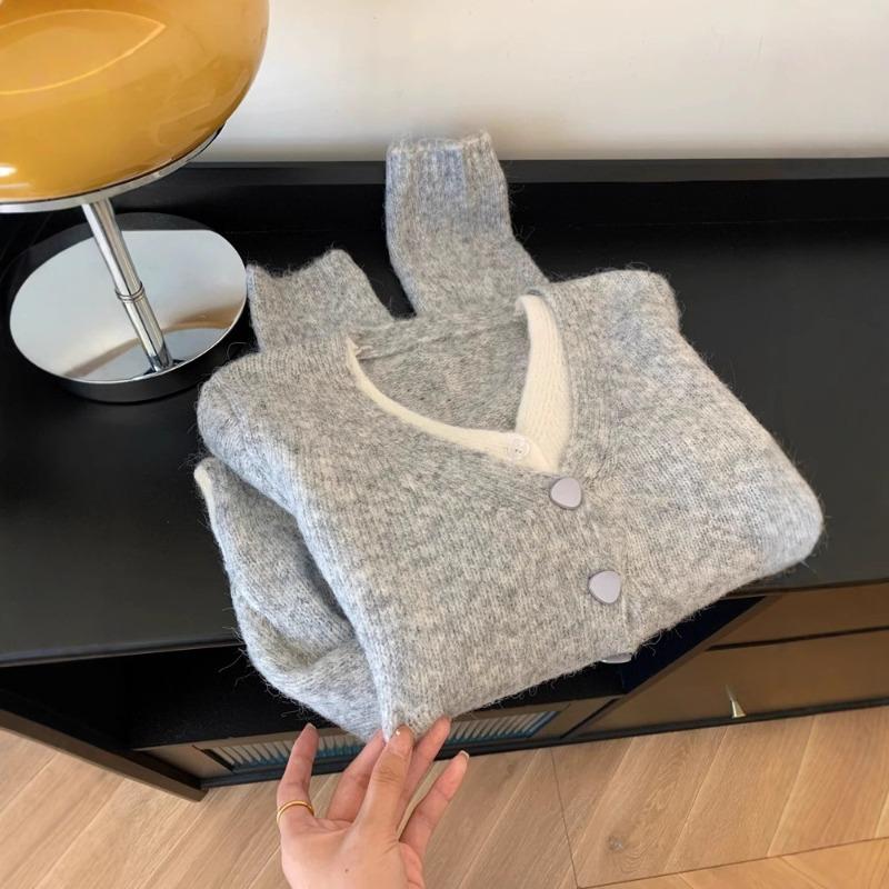 Fake Two Gray V-neck Temperament Knitted Cardigan Sweater Jacket for Women, Small People, Lazy Style, Autumn Wear