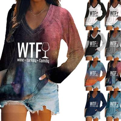 Women's Long Sleeved T-shirt V-neck Gradient Letter Printed Casual And Comfortable Top