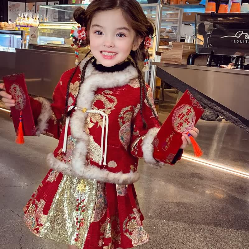 MIMIHELLO Girls  New Chinese Style Red Winter Skirt Set 140