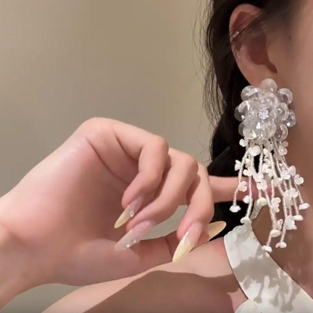 Rhinestone Floral Tassel Earrings Zinc Zinc Alloy Long Ear Drop Summer White Flower Earrings  Holiday
