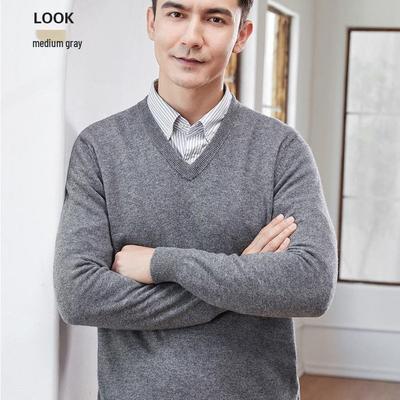 Men's 100% Pure Wool V-Neck Sweater, New Autumn/Winter Business Casual Soft Knit, Long-Sleeve Base Layer.