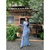Blue tie-dye long-sleeved dress for women's summer new fashion long dress, hot body, hip-wrapped fishtail dress