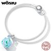 WOSTU 925 Sterling Silver Delicate Flower Butterfly Charm Crystal Blue Bead Fit Original Bracelet For Women Jewelry