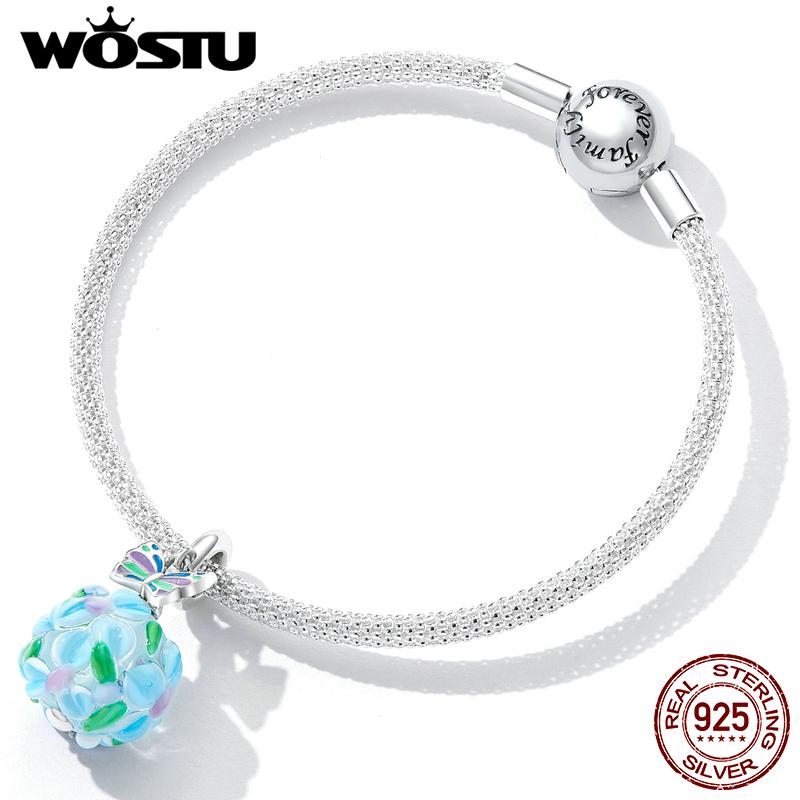 WOSTU 925 Sterling Silver Delicate Flower Butterfly Charm Crystal Blue Bead Fit Original Bracelet For Women Jewelry