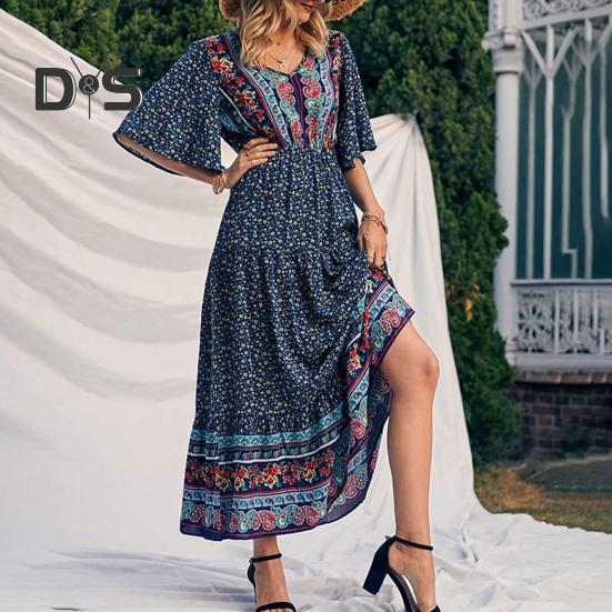 Dámské šaty Etnický bohémský styl Potisk Výstřih do V Krátké rukávy Pružný pas Skládaný Patchwork Maxi šaty A-line Letní dovolená Plážové šaty