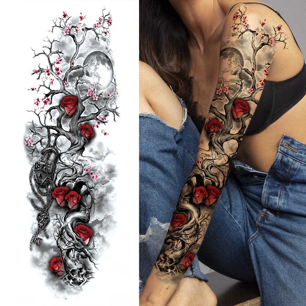 1 Sheet Long Sleeve Temporary Tattoos For Men Women Flower Skull Lion Wolf Tiger Nun Fox Compass Tattoo Sticker Body Art Arm Leg