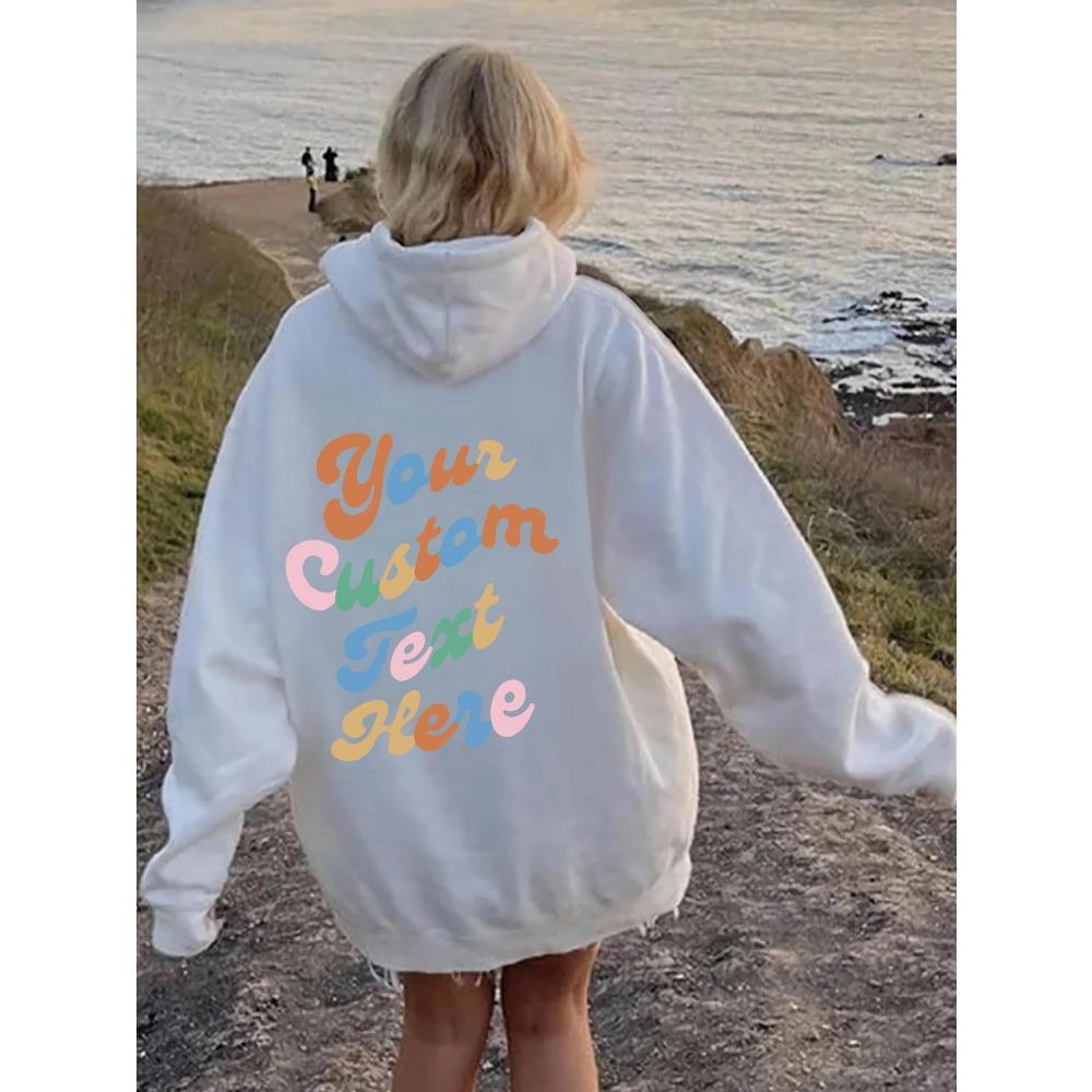 Down Sleeve Women'S Fleece Sweater Plain Letter Print Kangaroo Pocket Drawstring Print Hoodie