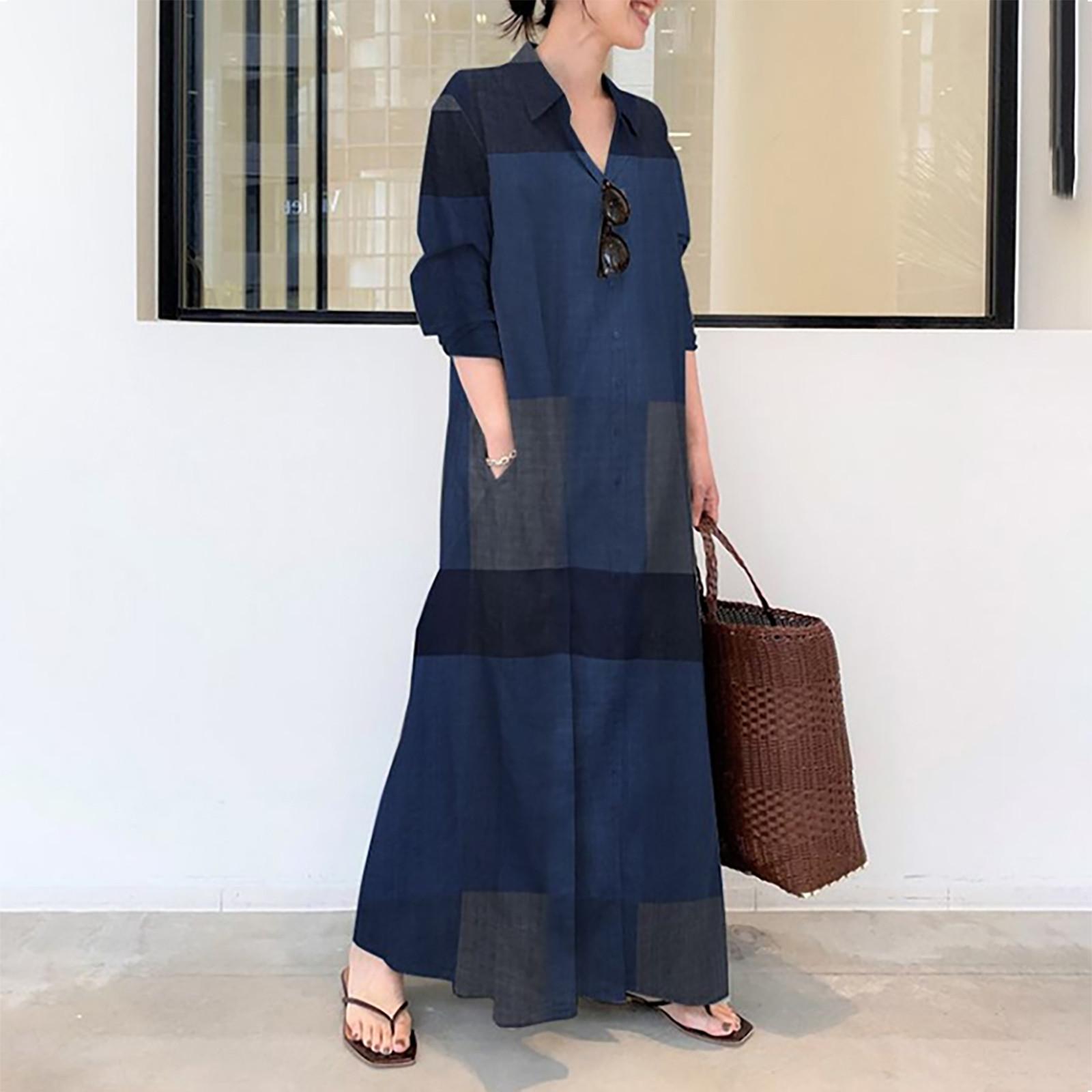 

Жіноча повсякденна бавовняна лляна вільна довга сукня-сорочка з принтом XL Темно-синій