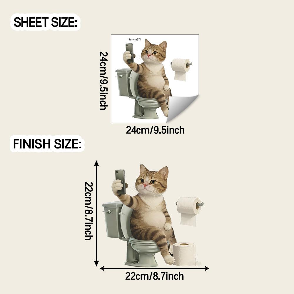 Funny Cat Playing Mobile Phone on Toilet Self Adhesive Wall Sticker Home Bathroom Decor