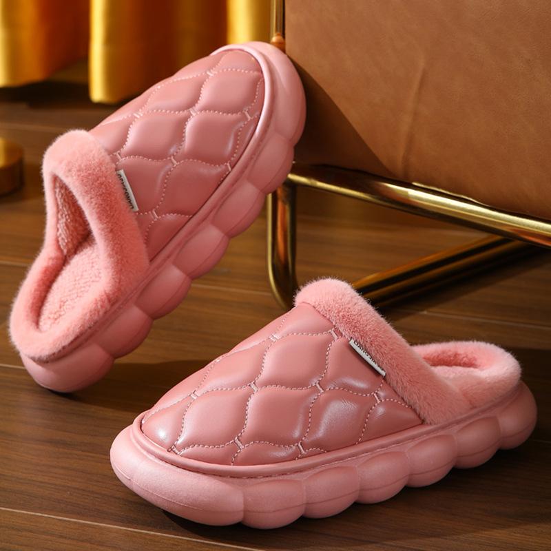 Leather cotton slippers couple autumn and winter home warmth home indoor non-slip thick-soled plush slippers men