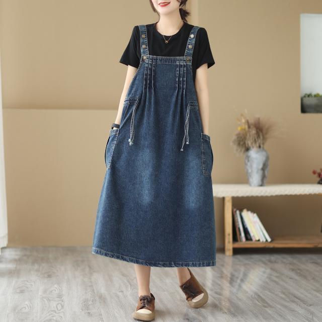 Plus Size Women's Autumn Denim Suspender Skirt - Mid-Length Sleeveless Dress