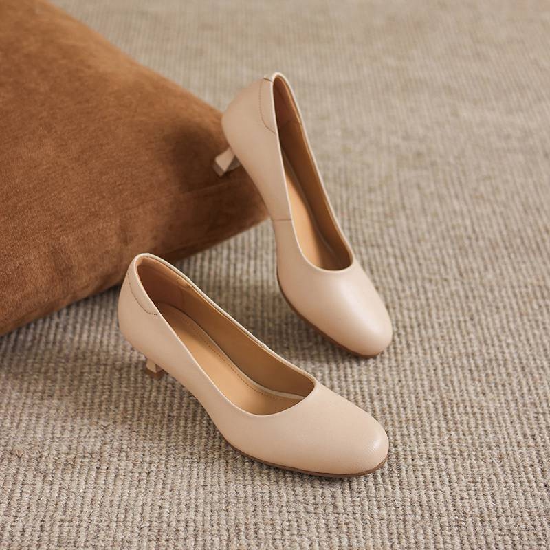 Krazing Pot Cow Skin round Toe stiletto Med Heels Summer Shoes Big Size 42 Beauty Lady Women Shallow Pumps