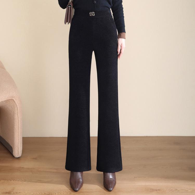 Mom's Autumn and Winter Draping Plus Fleece New Casual Pants Slimming Straight-leg Casual Pants Wide-leg Pants Woolen Women's Flared Pants