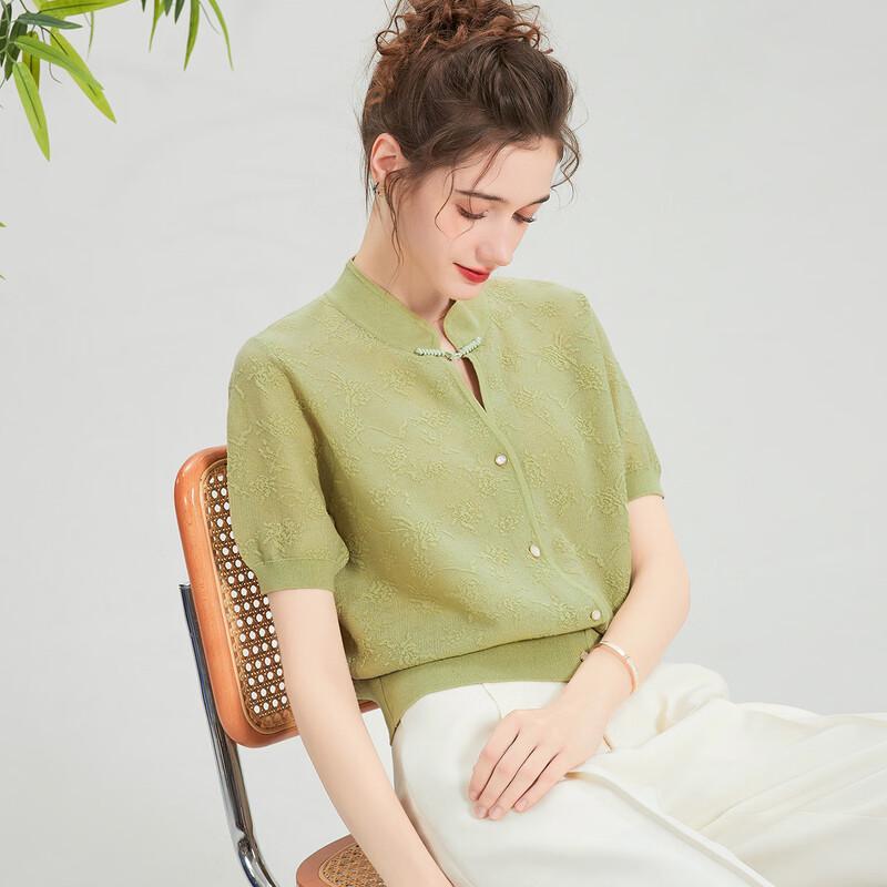 Snowforte Women s New Chinese Style Silk Blend Short Sleeve Knitted Cardigan L