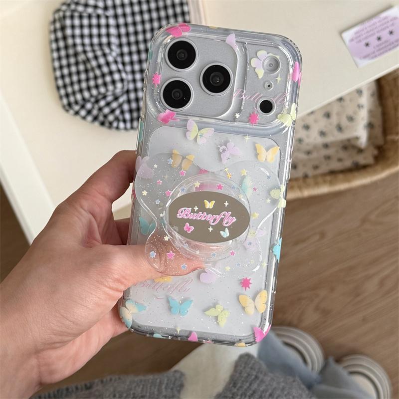 Shockproof Clear Phone Case For iPhone 14 15 16 17 Pro Max Colorful Butterfly Glitter With Pop Socket Large Window Fairy Cover