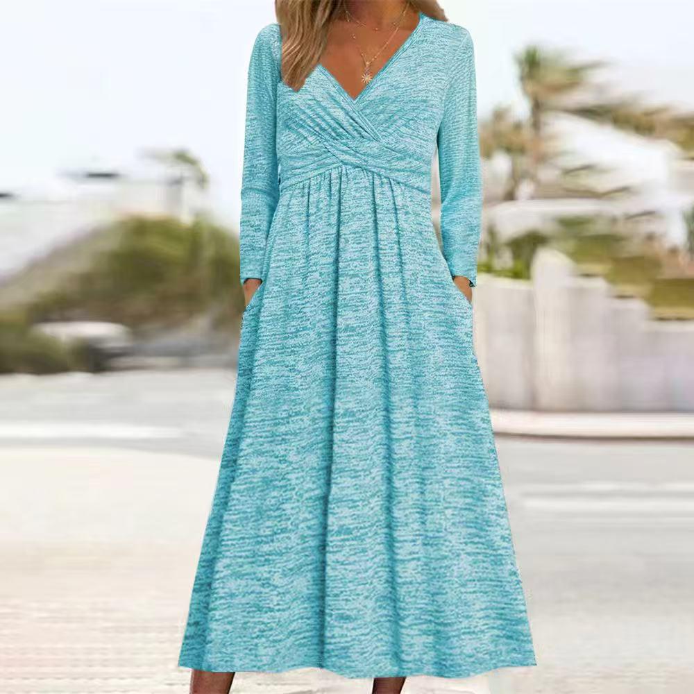 2025 European-American Long Sleeve Printed Maxi Dress with Pockets - Autumn/Winter Collection