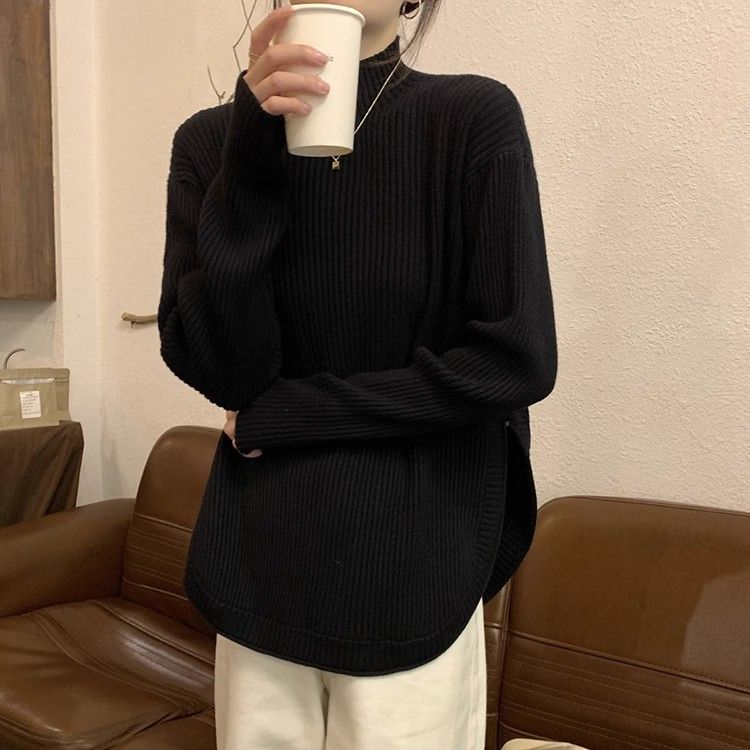 Women's Turtleneck Split Knitted Top Spring Korean Style Fashionable Loose Designed Long Sleeve Upper Garment