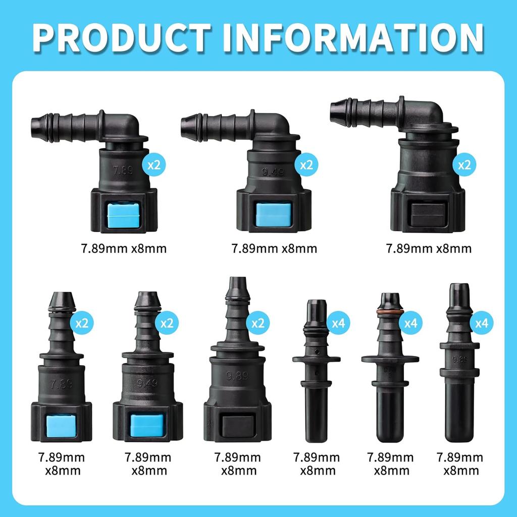 Fuel Line Quick Connect Kit 24PCS,Assorted 5/16 3/8 Fuel Line Fittings Nylon Straight Push-On Release Hose Connector