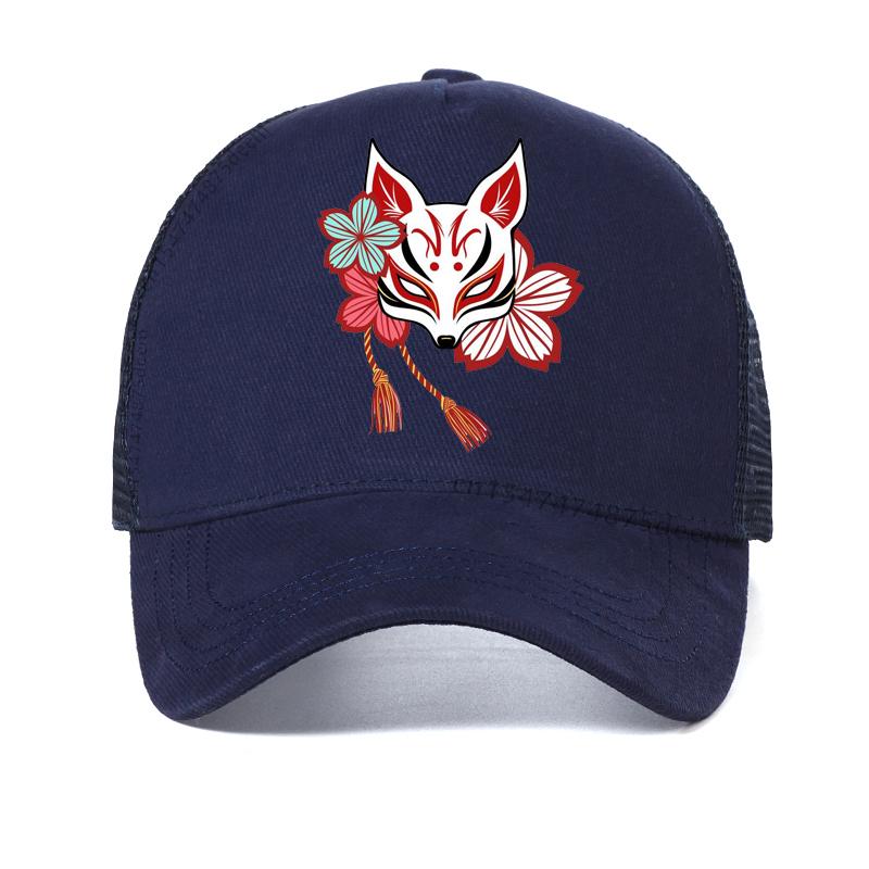 Japanese Aesthetic Kitsune Fox Mask Art Womens hat Hip Hop Trendy Fox Mask Baseball Cap Harajuku pop Mesh Trucker hats