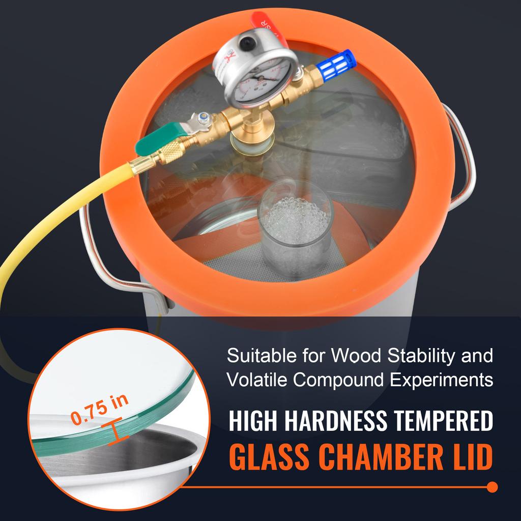 SucceBuy 3/5 Gal Upgraded Tempered Glass Lid Vacuum Degassing Chamber 304 Stainless Steel for Stabilizing Wood, Resin Degassing