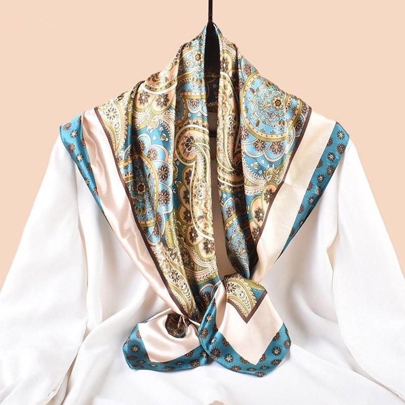 

90Cm Luxury Silk Twill Square Scarf For Women Spring Print Hair Band Hijab Foulard Sunscreen Neckerchief Shawl Wraps Echarpe 90X90cm