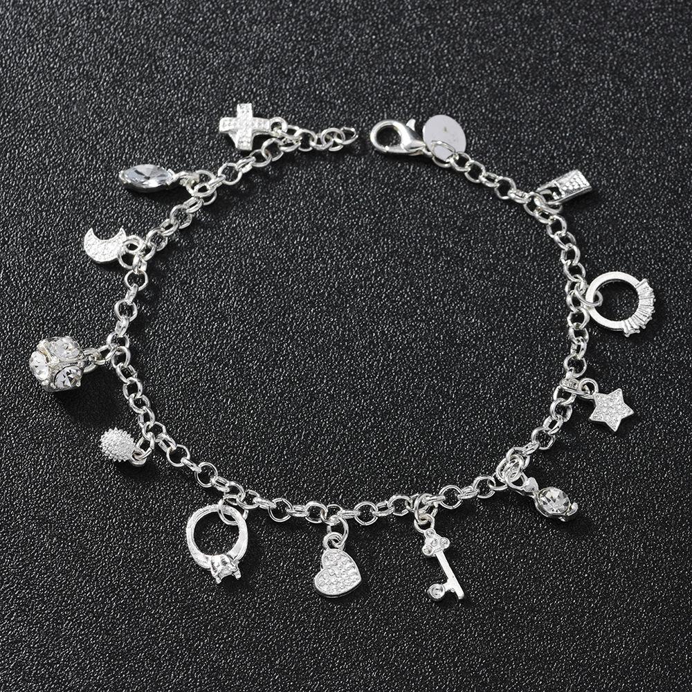 Pulsera de plata europea y americana, pulsera con trece colgantes, joyería de múltiples elementos para mujer, pulsera de estilo simple al por mayor