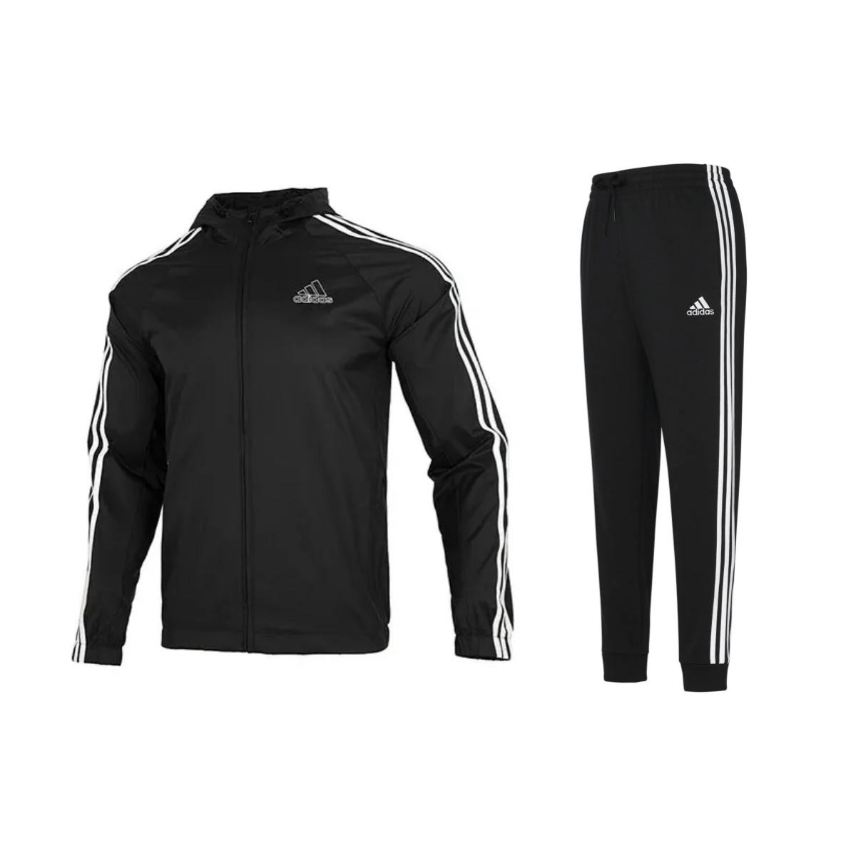 

Adidas Fitted Hooded Comfortable Long Sleeve Drawstring Mid Waist Pants Casual Sports Suit Men suit Black HE4322+GK8831 S