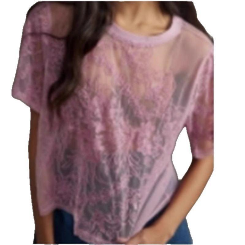 The New Summer Style Mesh Fabric Is Positioned As A Sexy Short-sleeved Top with Embroidered Lace