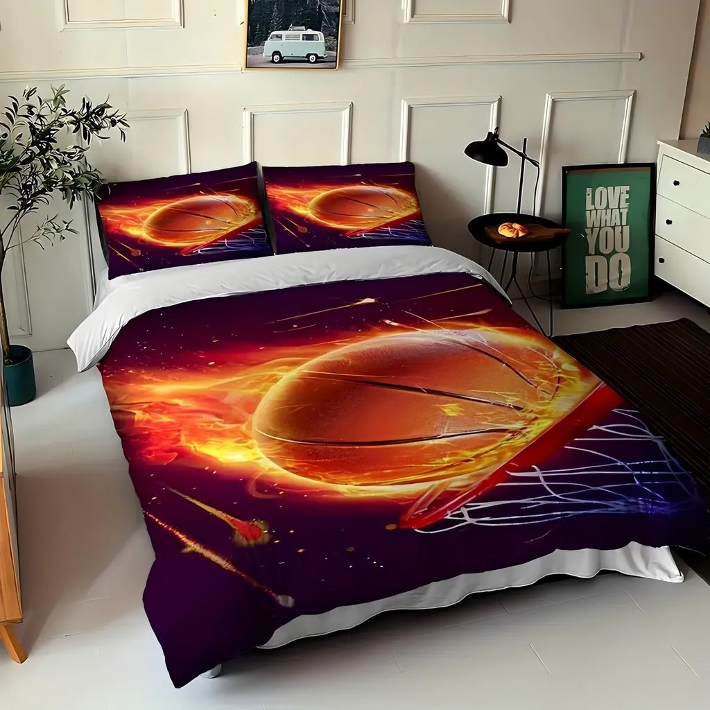 Ensemble de housse de couette imprimée en 3D motif Basketball Sportif style effets visuels polyester Housse de couette Ensemble de literie doux et confortable