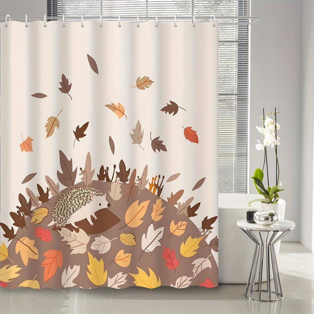 1Pc Autumn Home Decor Thanksgiving Cartoon Falling Maple Leaves Animal Hedgehog Shower Curtain Polyester Fabric Machine Washable