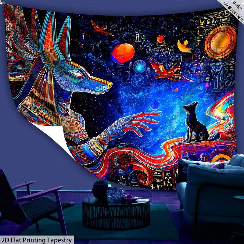 2D Blacklight Reactive Anubis Tapestry Trippy Egyptian Home Decor