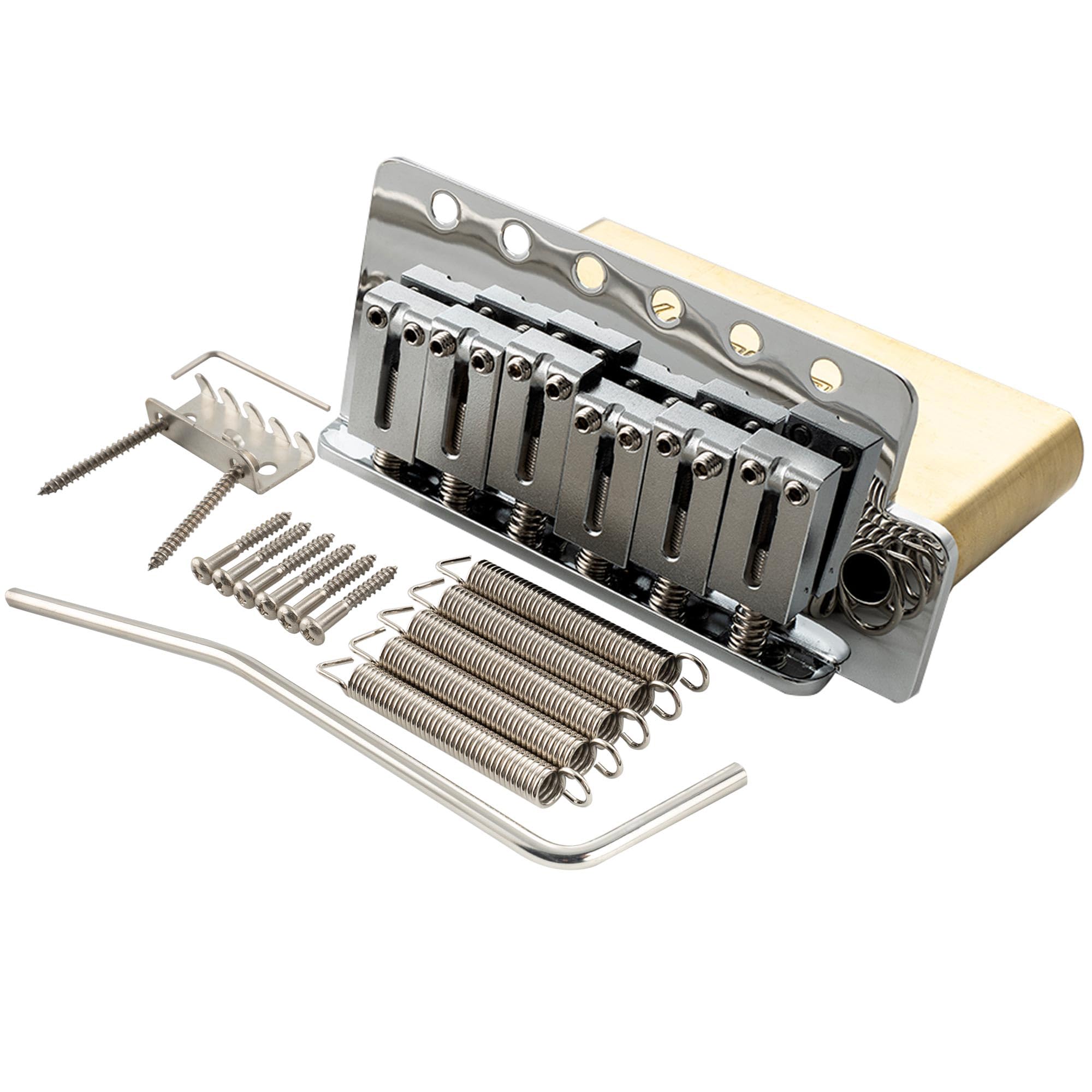 

Musiclily Ultra Pitch ST Tremolo Bridge with Modern Brass Saddles and 42mm Brass Blocks for Strat Electric Chrome 10.5mm 6-Point Guitars,