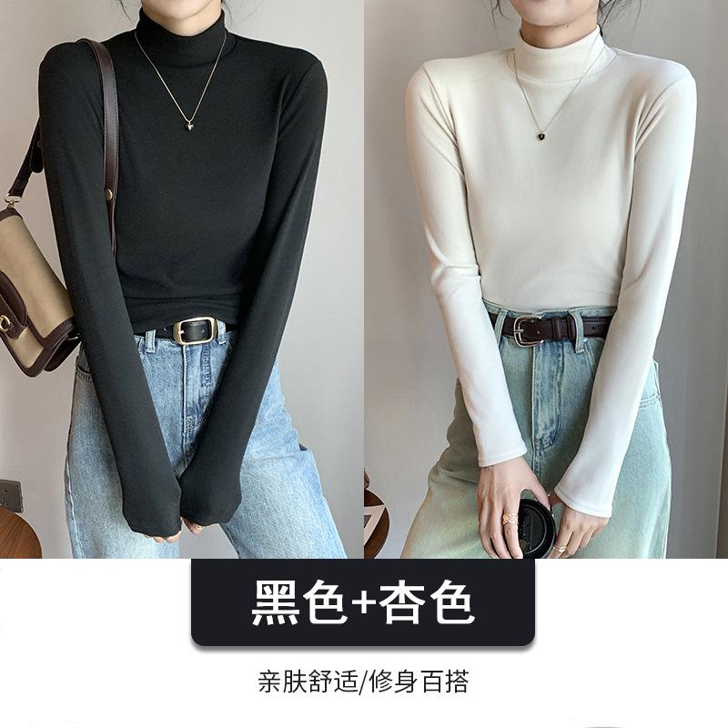 Combination Semi-turtleneck Double-sided German Velvet Bottoming Shirt for Women's Autumn and Winter with Solid-color Warm Long-sleeved Top