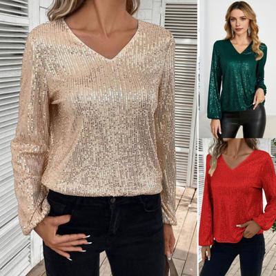 Γυναικείες Μπλούζες με V-Neck και Φανάρι, Μακρυμάνικο, Φανελάκι, Ριχτή Γραμμή, Μονόχρωμο, Λαμπερές Πούλιες, Μπλούζα για Πάρτι, Streetwear