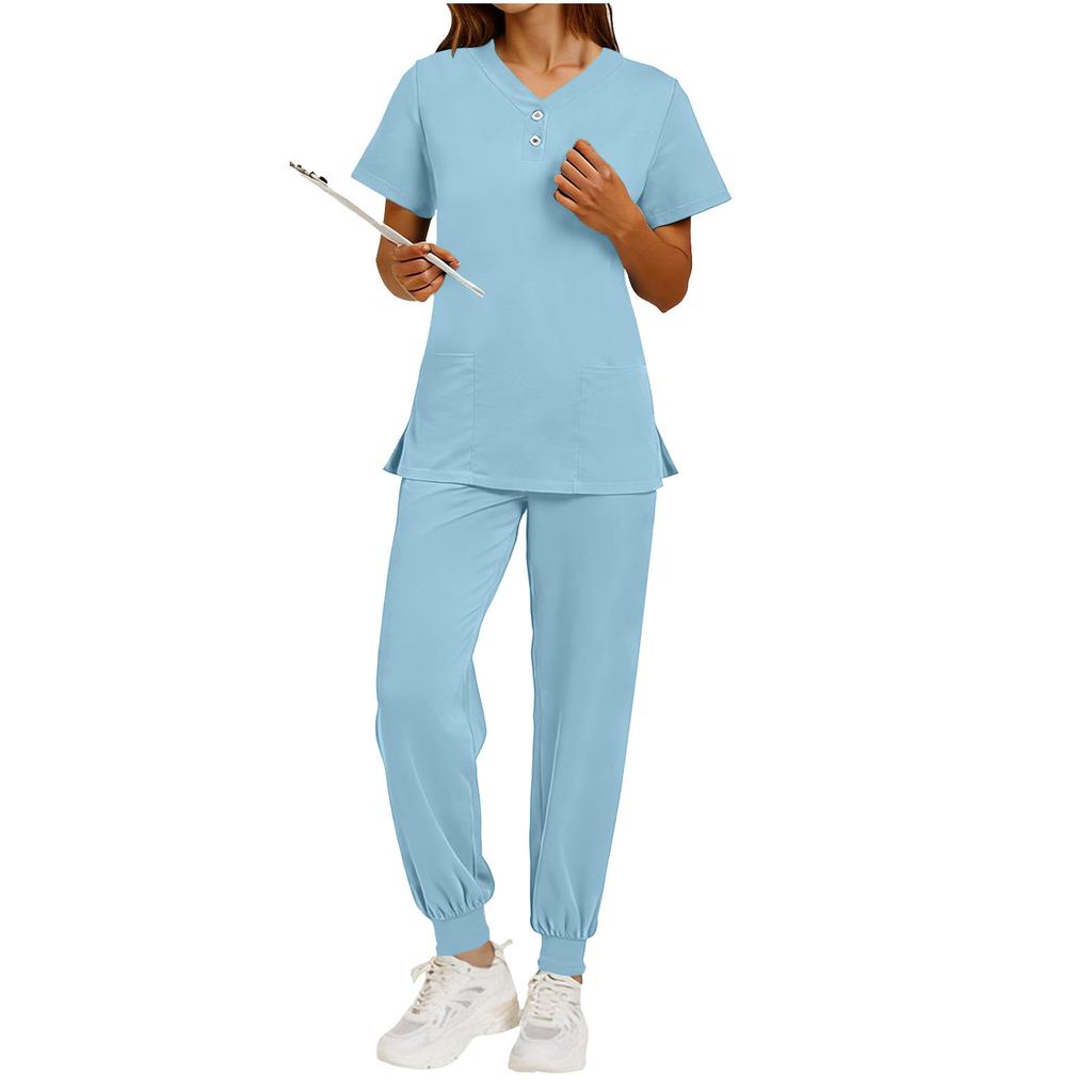 Nursing Scrub Set Women Quick Dry Fabric V Neck Short Sleeve Top with Pockets and Elastic Waist Long Pants Medical Uniform Workwear Set