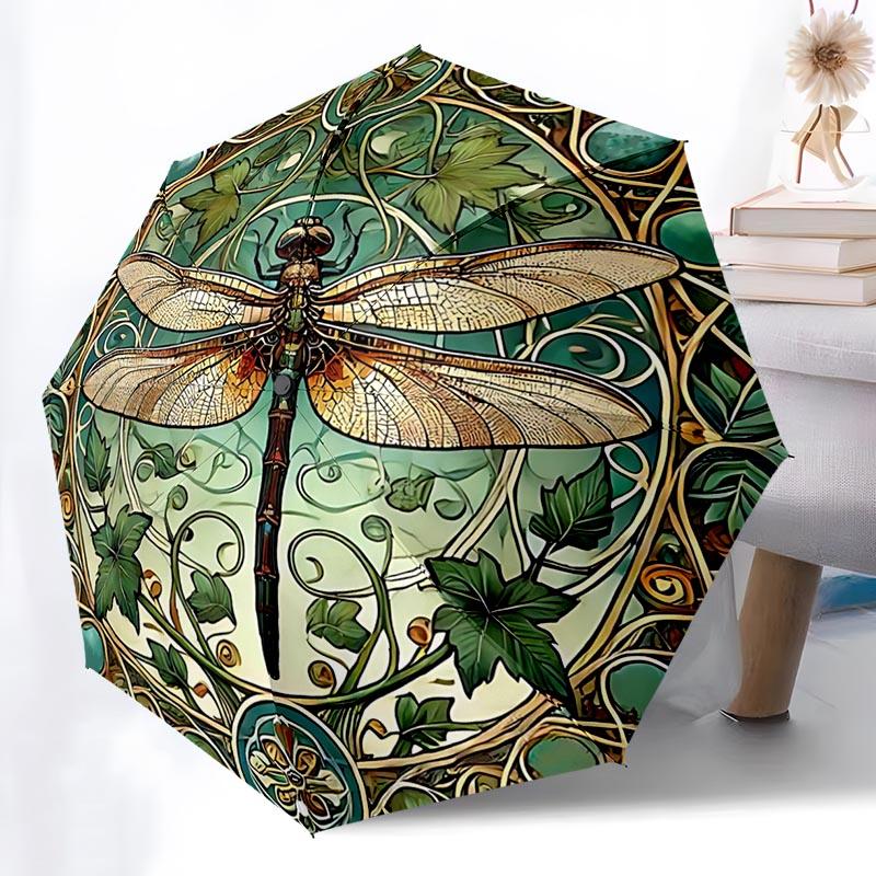 

Green Dragonfly Themed Folding Umbrella Fashion Auto-Open 8 Iron Ribs Plastic Handle Foldable Sunshade Perfect Christmas Gifts
