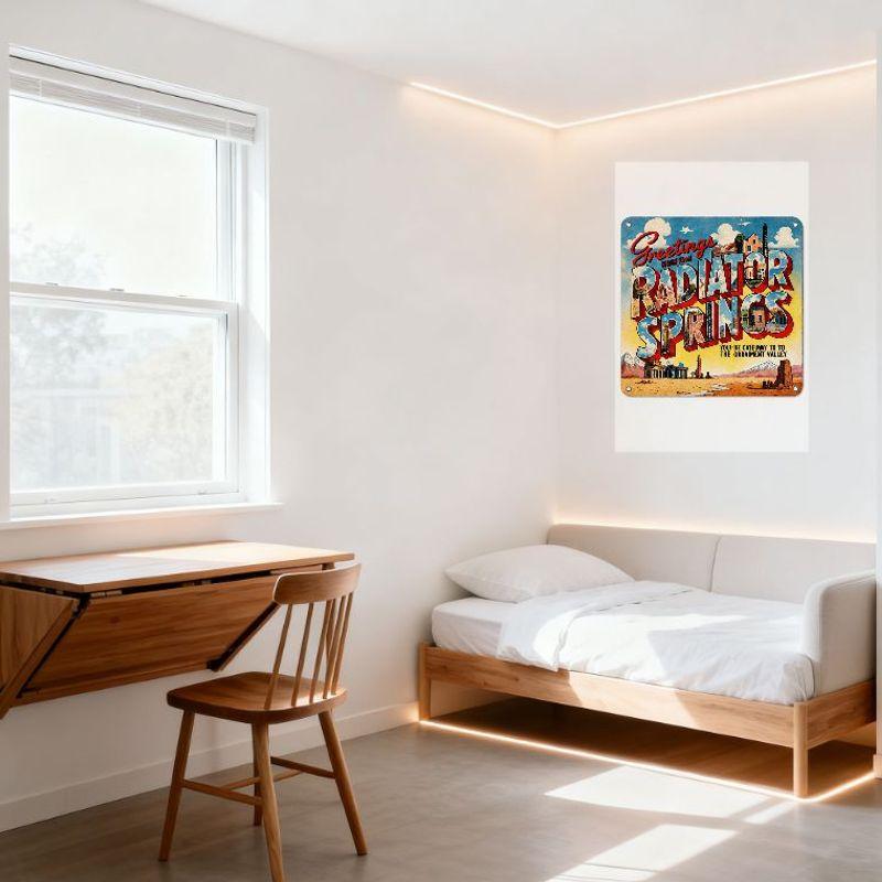 Vintage Greetings from Radiator Springs Metal Tin Sign with Desert Landscape Art, Route 66 Style Wall Decor for Home Bar Man Cav