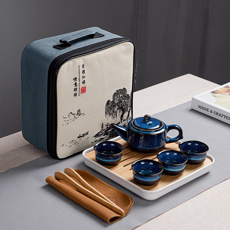 Ceramic Travel Kung Fu Tea Set with Tianmu Glaze - Compact Jun Kiln Gift with Customizable Logo.