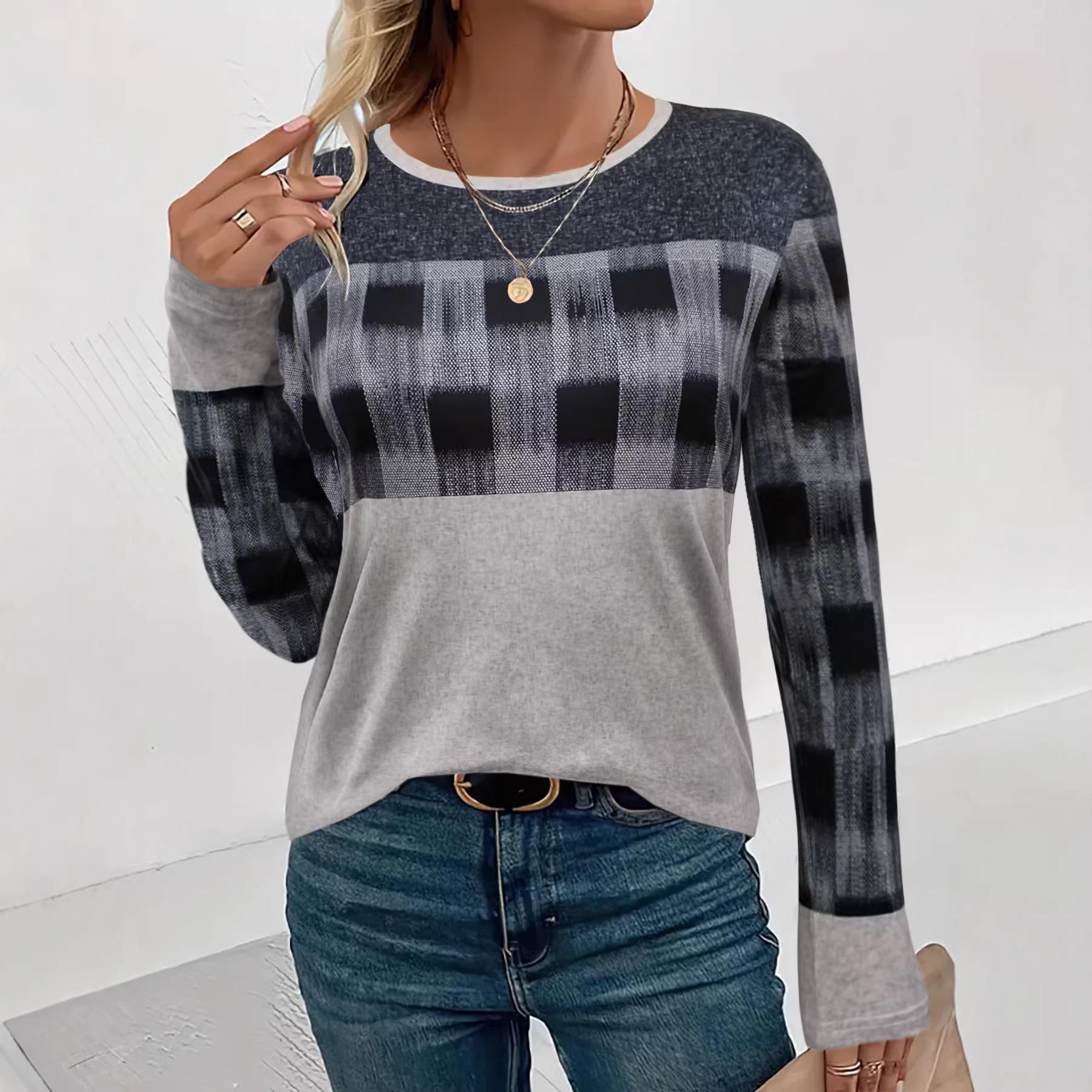 

Women s Slim Fit Plaid Round Neck T-shirt, Long Sleeve, Retro Style, Color Block, Base Layer, Casual, Plus Size, Spring/Autumn 3XL сірий колір