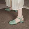 Cow Leather Square Toe Thick Med Heels Autumn Summer Buckle Straps Shoes Hollow Decorations Women Shallow Sandals