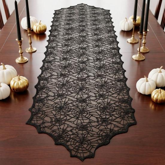 Black Lace Tablecloth Halloween Table Runner, Spider Web Runners, 17.7 x Retro Cocktail Party Decor 70.9Inch for Home Dinner Kitchen Mantel