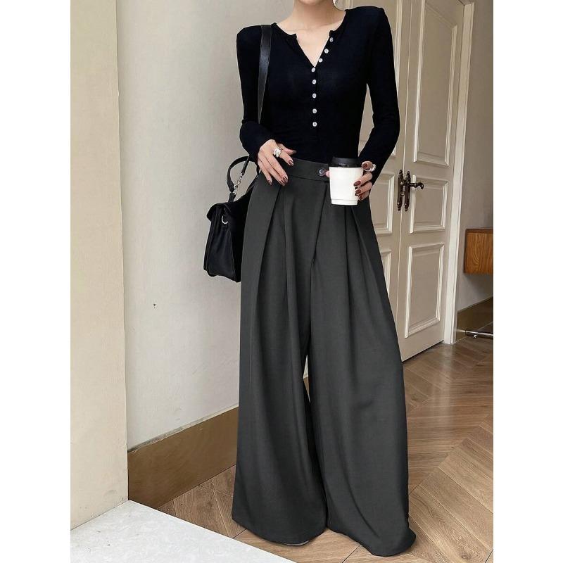 Damen High Waist Weiter Bein Gerader Lockerer Freizeit Anzug Hose