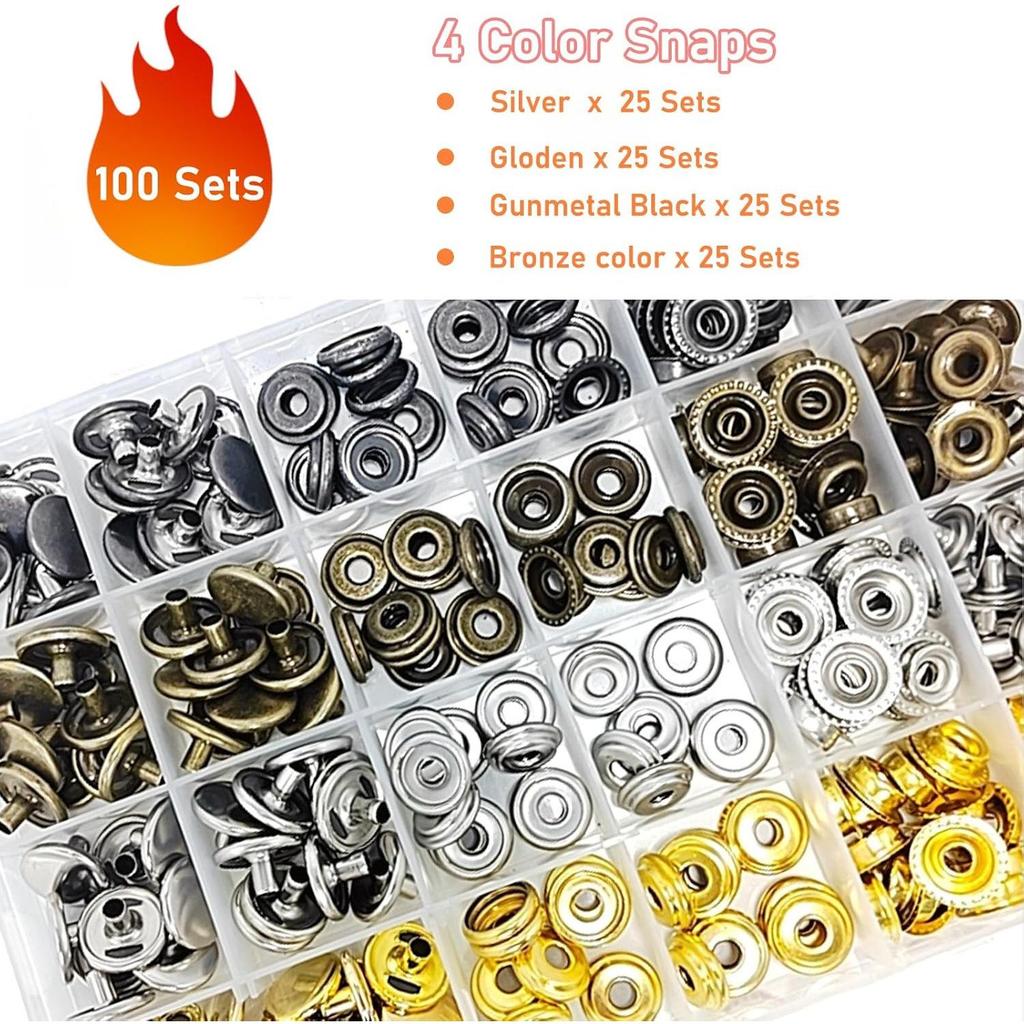 100er Set Vierfarbige Edelstahl-Druckknopf-Kit - Ohne Nähen Starke Zange & Weiße Knopfverschlüsse für Plane
